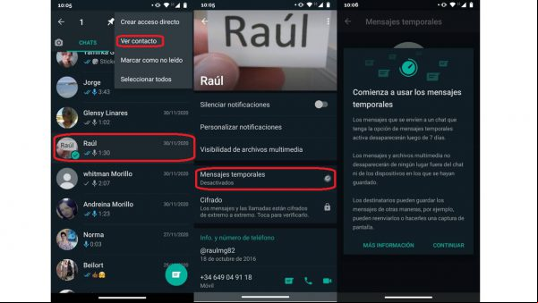 Activar los mensajes temporales de WhatsApp. Aplicaciones Android