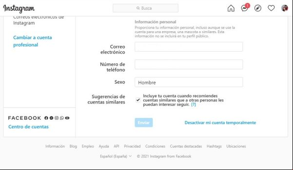 cambiar correo electrónico instagram